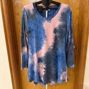 Umgee Tie Dye Tunic Top Mini Dress Blue & Pink Long Sleeve Women’s Size Small